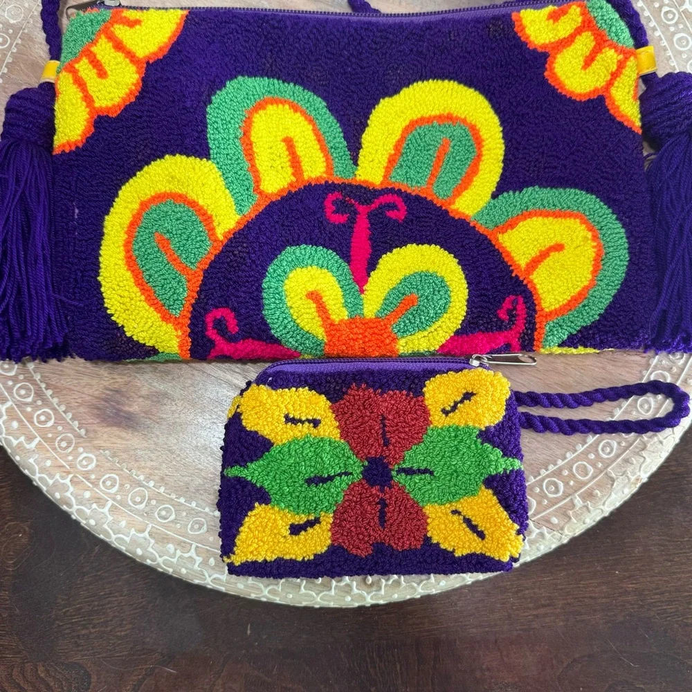 Colombian Wayuu Purple Butterfly Flowers Handmade Purse Bag & Coin Purse Artisan